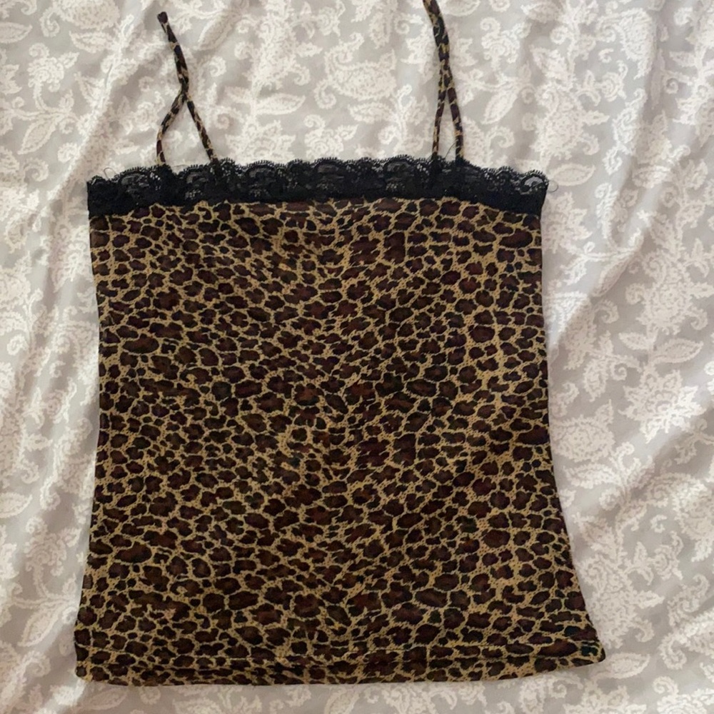 y2k cheetah print tank top with black lace (S)